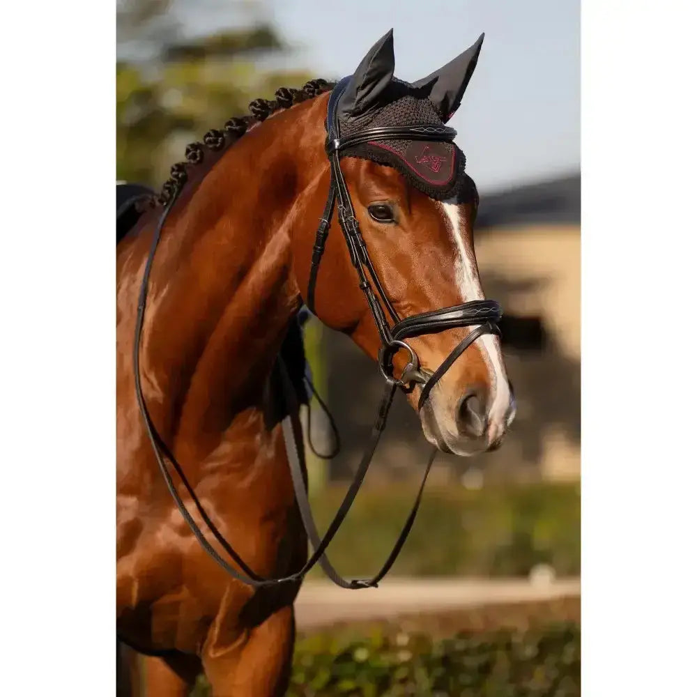 Black lemieux classic fly hood cinder with subtle red embroidery on the forehead perfect for fly protection