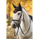 Black mesh lemieux classic fly hood cinder with subtle maroon embroidery for horse fly protection