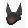 Black lemieux classic fly hood cinder with mesh fabric and red stitching details for equestrian use