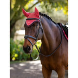 Lemieux classic fly hood cranberry in vibrant red with soft padding and black trim face veil for horse protection