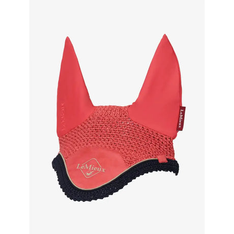 A coral lemieux classic fly hood cranberry with knitted mesh body solid fabric ears and black trim face veil