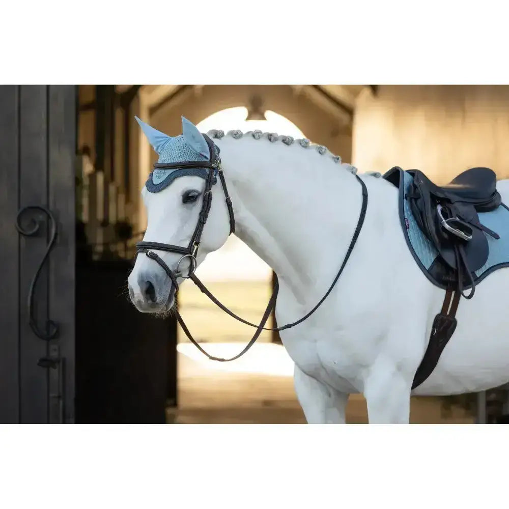 Light blue knitted lemieux classic fly hood glacier with silver studs along the edge for horse fly protection