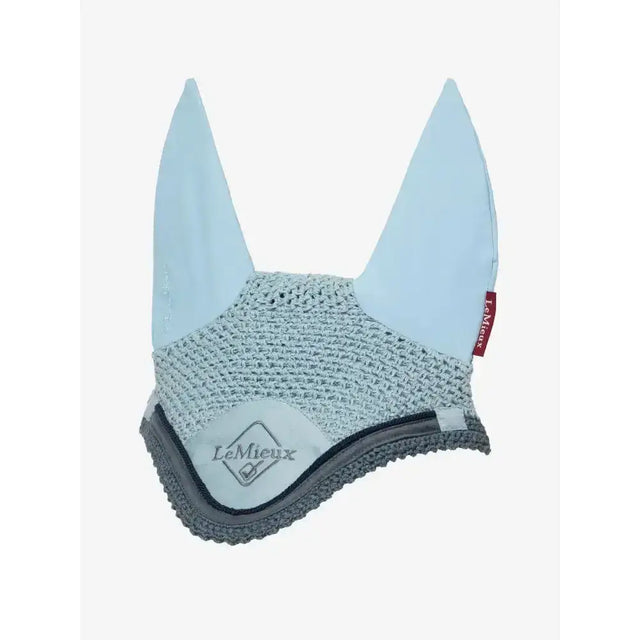 Lemieux classic fly hood glacier in light blue and gray with breathable mesh equestrian ear bonnet design