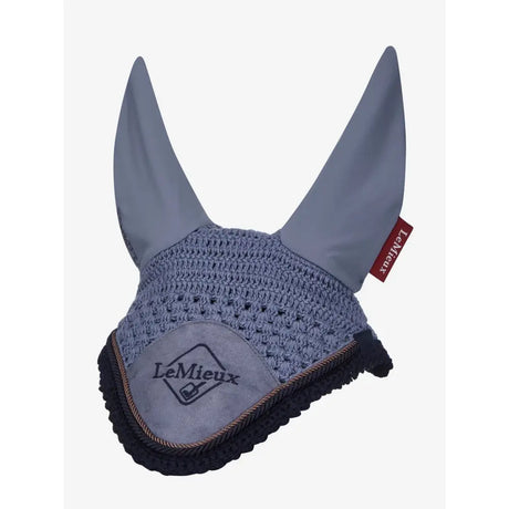 Gray crocheted lemieux classic fly hood jay blue with suede patch black trim and lemieux logo