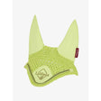 Lemieux classic fly hood kiwi designed lime green crocheted ear bonnet with solid fabric ears and branded patch