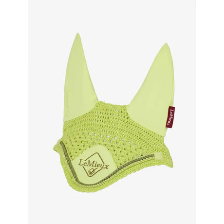 Lemieux classic fly hood kiwi designed lime green crocheted horse ear bonnet with solid fabric ears and branded patch