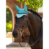 Turquoise lemieux classic fly hood lagoon made of soft breathable crochet with pointed tips for horse ears