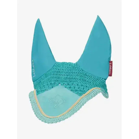 Teal crocheted lemieux classic fly hood lagoon with soft fabric lining and subtle gold trim for horses