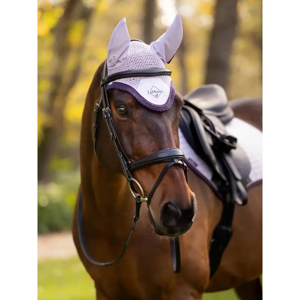 A lemieux classic fly hood lilac mesh face veil in lavender and white with purple trim and lemieux logo on front