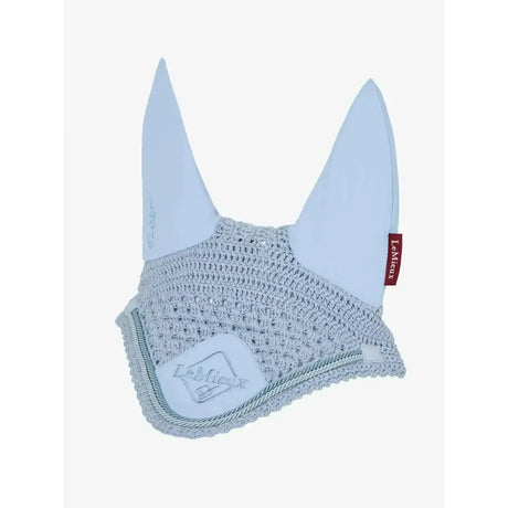 Light blue lemieux classic fly hood with soft padded ears and breathable mesh horse ear bonnet for riding