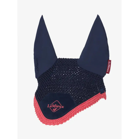 Navy blue and coral pink crocheted lemieux classic fly hood navy fly hood with face veil for horse ears