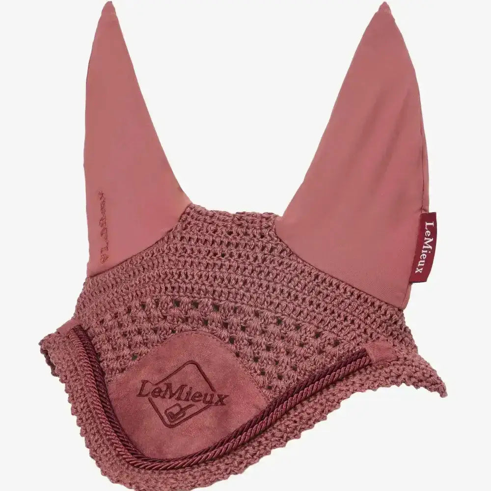 Dusty rose lemieux classic fly hood orchid with crocheted mesh body and solid fabric ears for horse protection