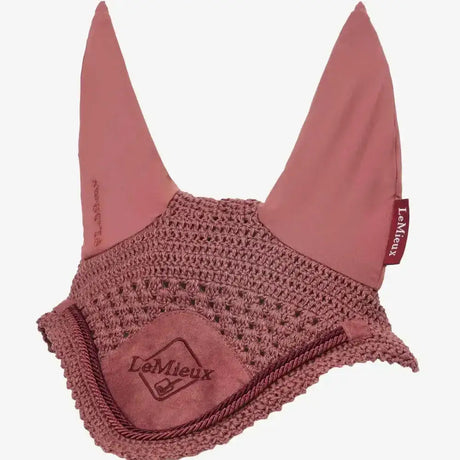 Dusty rose lemieux classic fly hood orchid with crocheted mesh body and solid fabric ears for horse protection