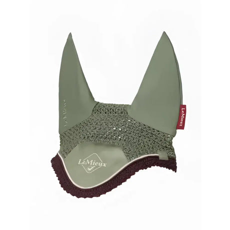 Olive green and dark brown crocheted lemieux classic fly hood rosemary with subtle shimmer and face veil for horses