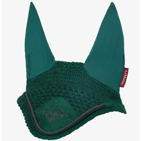 Deep green lemieux classic fly hood spruce with soft knitted fabric and plush ear flaps for equestrian use