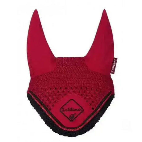 Red lehman horse ear bonnet with black trim and diamond logo lemieux classic fly hoods chilli style