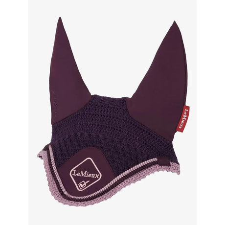 Dark purple lemieux classic fly horse ear bonnet with textured knit body reinforced ear flaps and lavender trim