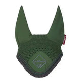Dark green woven lemieux classic fly equestrian ear flap with diamond logo patch and red brand tag fly hoods hunter style