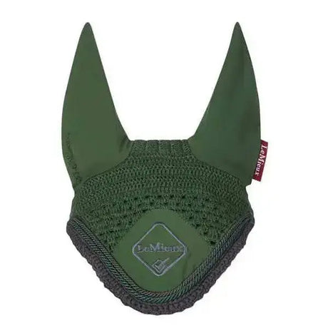 Dark green woven lemieux classic fly equestrian ear flap with diamond logo patch and red brand tag fly hoods hunter style