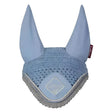 Light blue crocheted lemieux classic fly hood with silver braided trim and embroidered logo perfect for fly protection