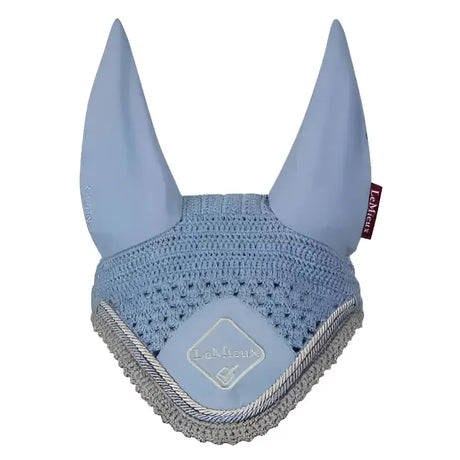 Light blue crocheted lemieux classic fly hood with silver braided trim and embroidered logo perfect for fly protection
