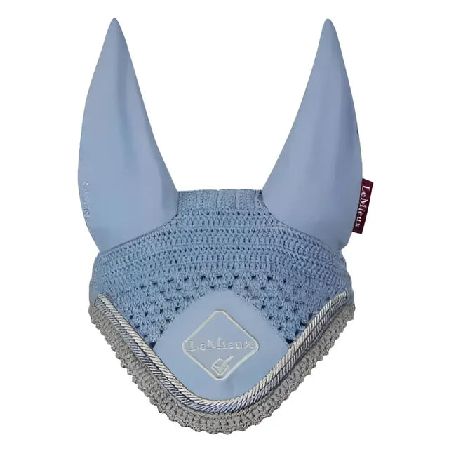 Light blue crocheted lemieux classic fly hood with silver braided trim and embroidered logo perfect for fly protection
