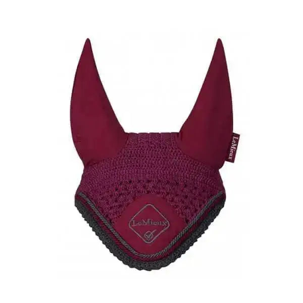 Maroon lemieux classic fly horse ear bonnet with textured knit pattern and black trim for fly protection