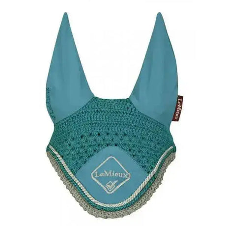 Teal and green crocheted lemieux classic fly hood with diamond shaped logo patch fly hoods peacock style