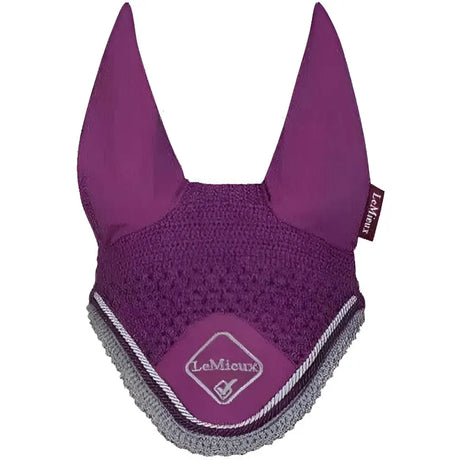 Purple lemieux classic fly hood with textured knit body, solid fabric ears, and gray trim perfect for riding
