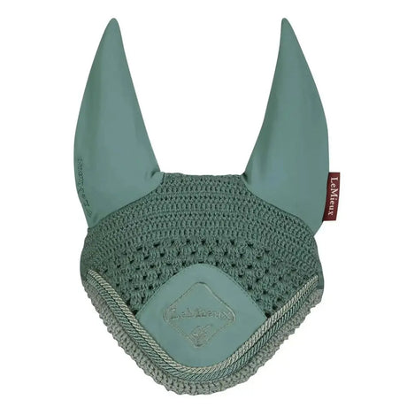 Mint green lemieux classic fly crocheted ear bonnet with soft fabric ears and branded leather patch fly hoods sage