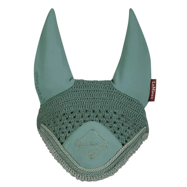 Mint green lemieux classic fly crocheted ear bonnet with soft fabric ears and branded leather patch fly hoods sage