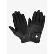 Black lemieux classic leather riding gloves with textured palm and small white logo on wrist strap