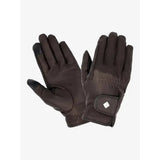 Black lemieux classic leather riding gloves with touchscreen fingertips and diamond logo on wrist strap back side view