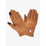 Tan lemieux classic leather riding gloves with black touchscreen fingertips and diamond logo on wrist strap backside