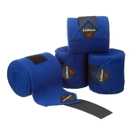 Royal blue lemieux classic polo bandages with black velcro tabs and diamond logos luxury lemieux fleece wraps