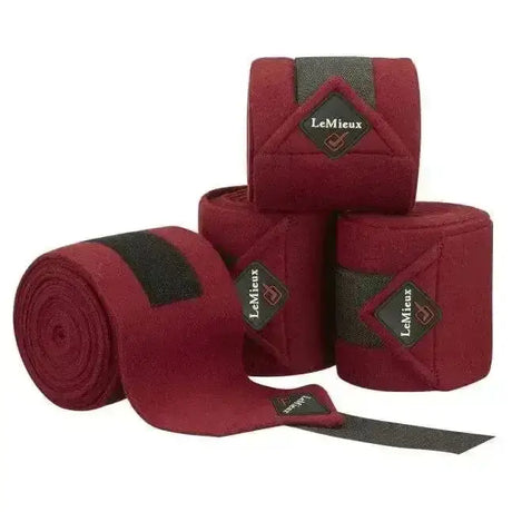 Maroon lemieux classic polo bandages burgundy rolls with black elastic bands and diamond luxury lemieux fleece patches