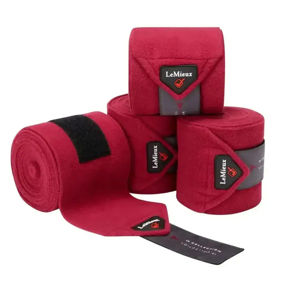 Red suede lemieux classic polo bandage with black velcro strap and lemieux fleece bandages logo in chilli color