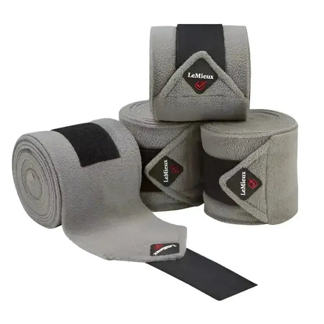Gray lemieux classic polo bandages made of plush fleece with black velcro strap and lemieux logo patch