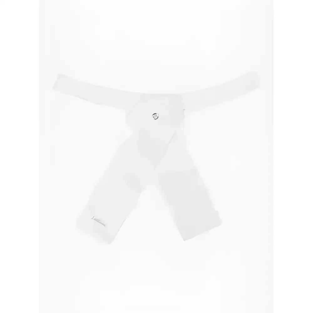 White sheer mesh lemieux classic stock scarf with small metallic emblem in stock white color