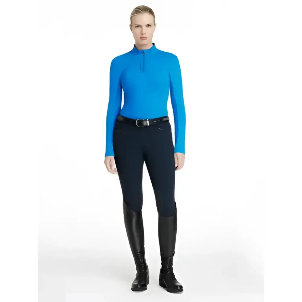 Bright blue lemieux classique benetton blue long-sleeved classic base layer with half-zip neckline for riding