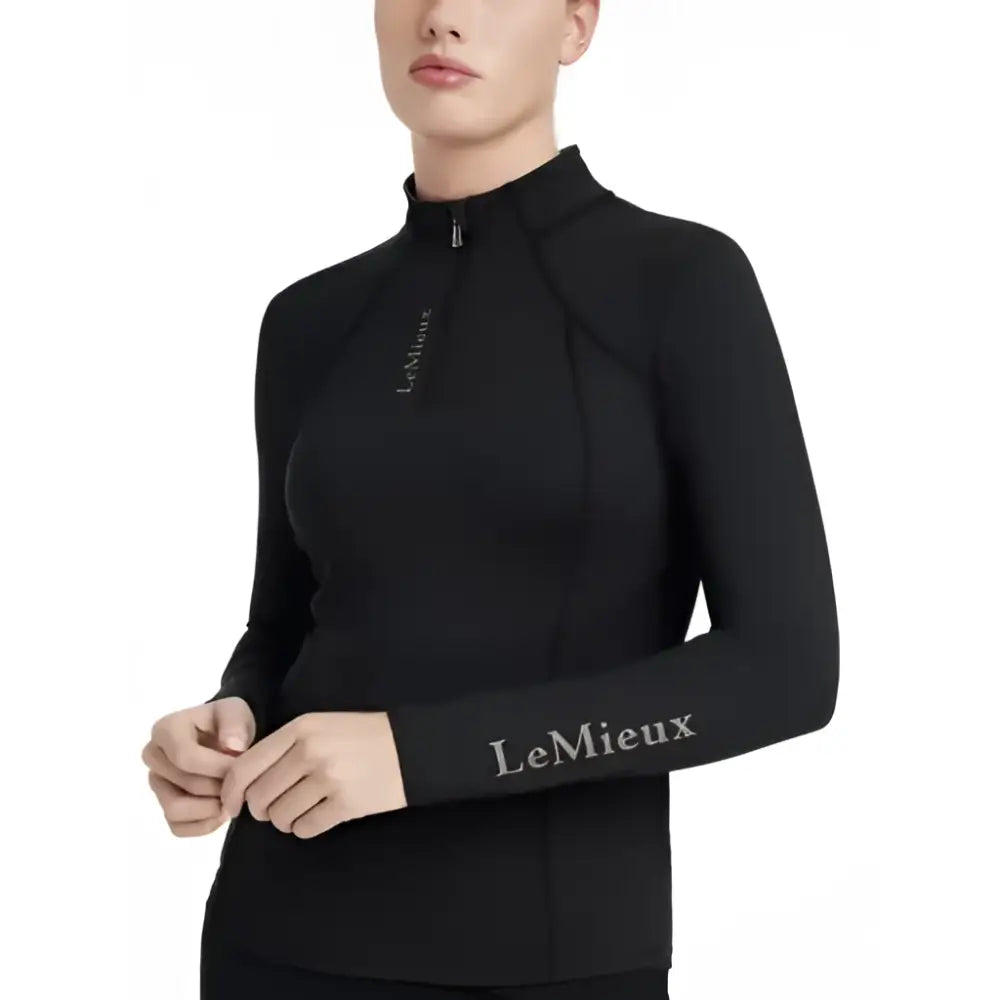 Black long-sleeved performance base layer black by lemieux classique base with high collar and zipper detailing