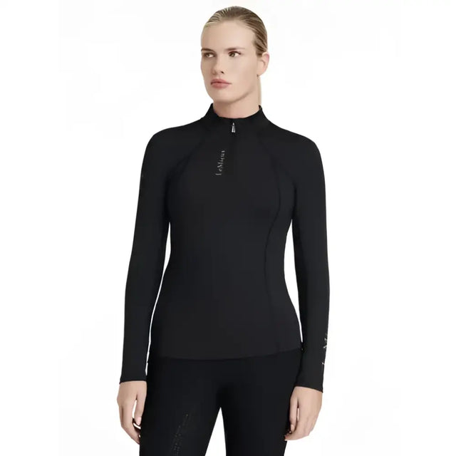 Black long sleeved performance top with high collar and subtle branding lemieux classique base layer black