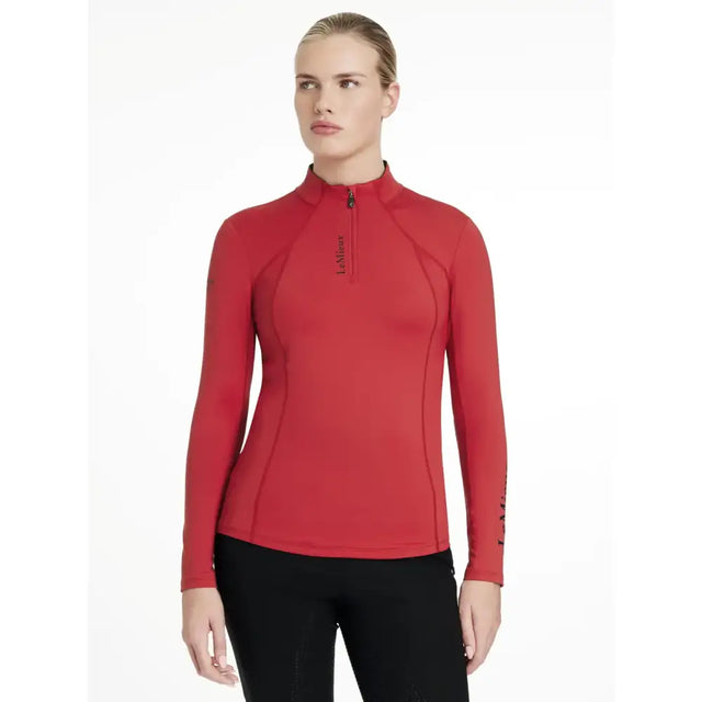 Lemieux classique base layer chilli red long-sleeved athletic top with quarter-zip collar and black branding