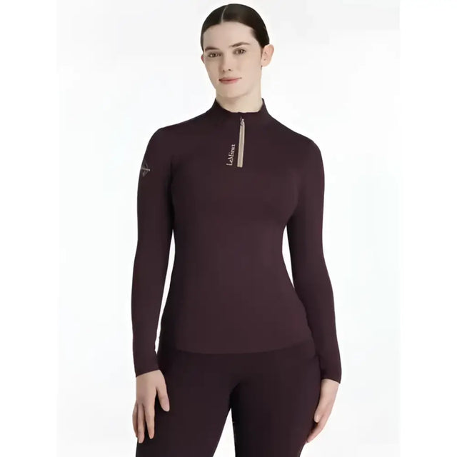 A maroon lemieux classique base long-sleeved damson layer with high collar zipper and subtle chest branding