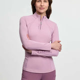 A soft lavender lemieux classique base layer fondant long-sleeved quarter-zip top with subtle logos on chest and sleeve