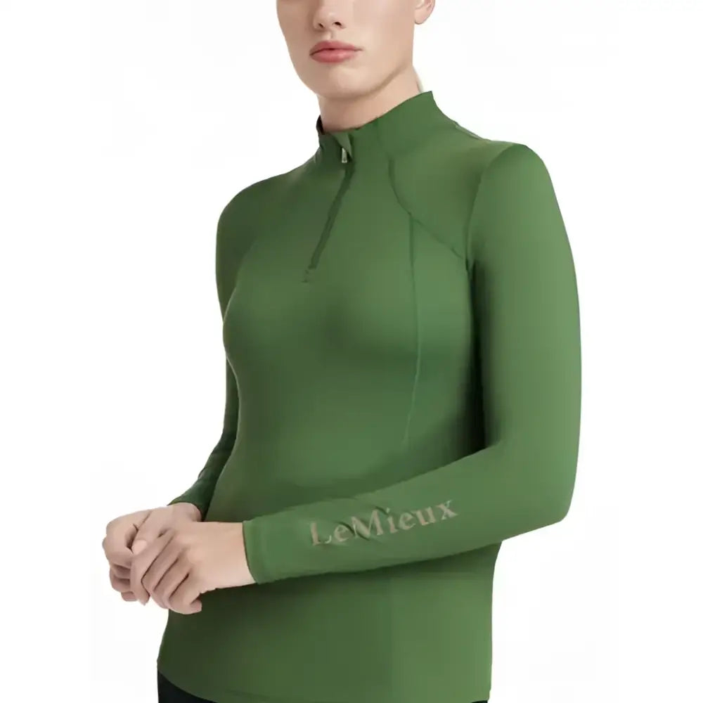 Olive green long-sleeved lemieux classique base layer hunter green with quarter-zip collar and subtle sleeve logo
