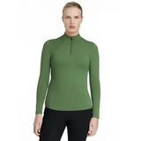 A sleek olive green long sleeve athletic top with high collar and zipper detail lemieux classique base layer hunter green