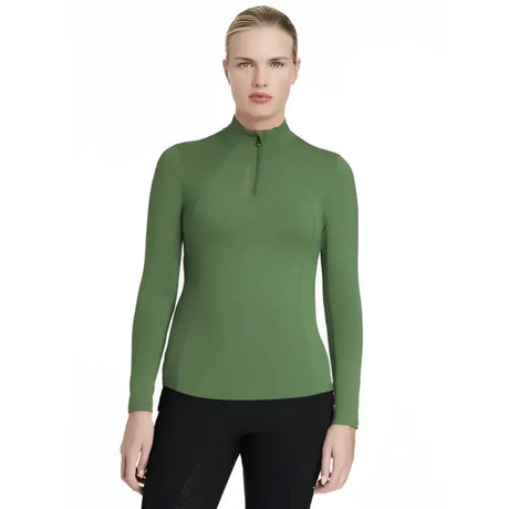A sleek olive green long sleeve athletic top with high collar and zipper detail lemieux classique base layer hunter green