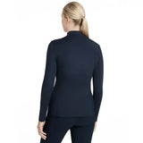 Navy long-sleeved fitted jacket with high collar and subtle seam detailing from lemieux classique base layer