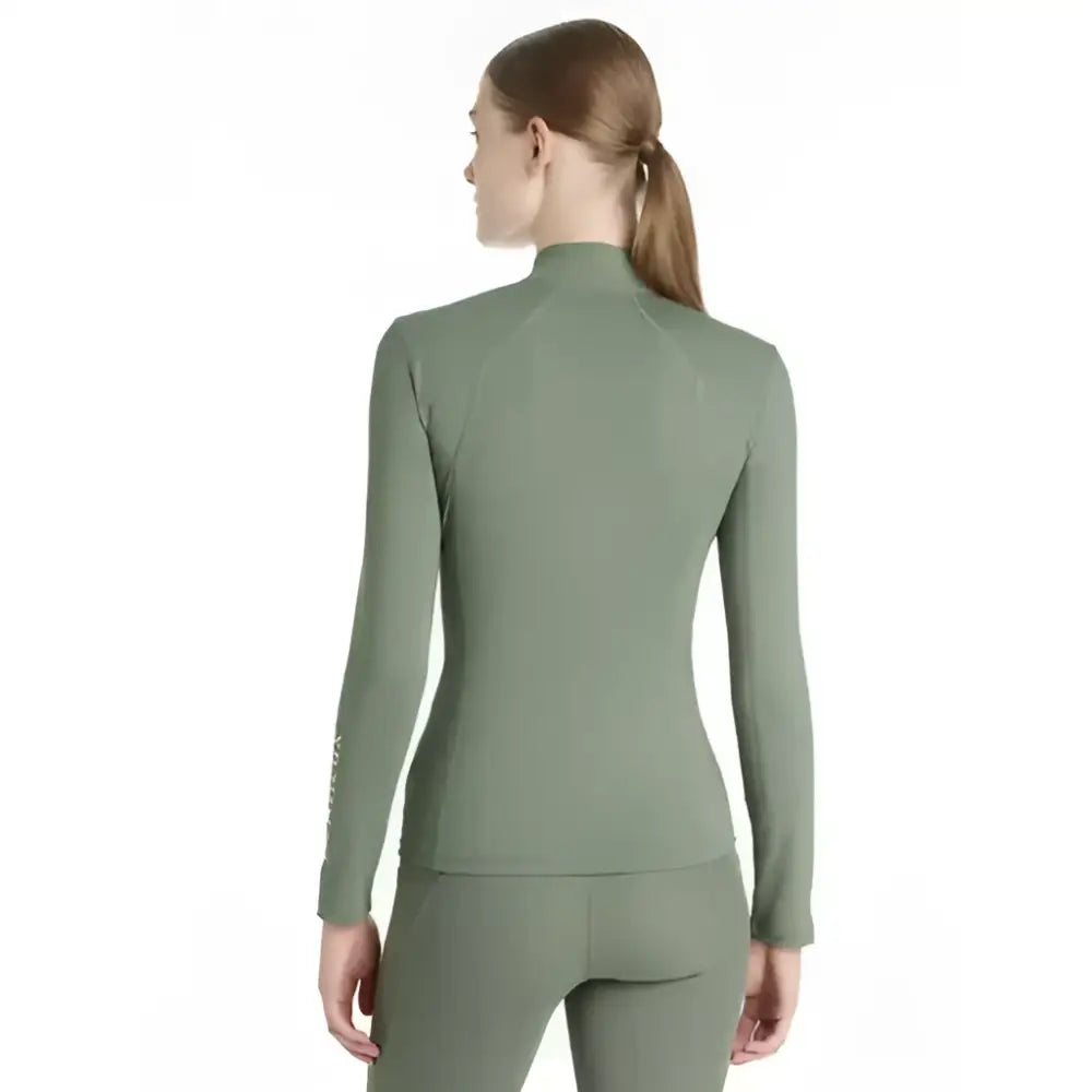 Olive green long-sleeved high neck athletic top lemieux classique base layer rosemary for layering and workouts